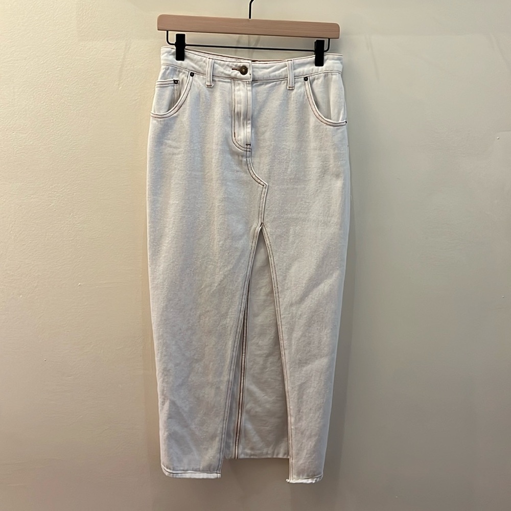 Long white denim skirt with slit